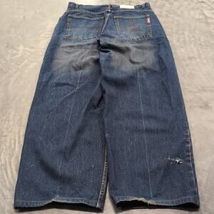 Akademiks Baggy Wide Leg Embroidered Faded Hip Hop JNCO Style Denim Jeans 35x30